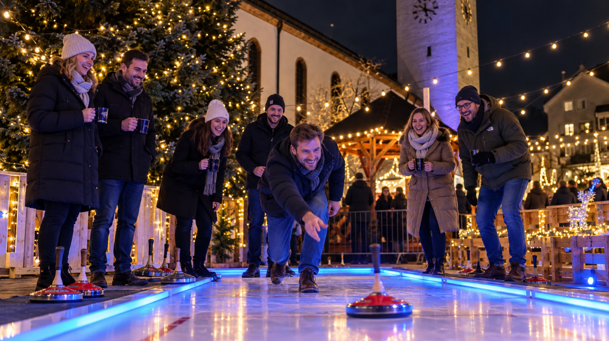 Eine Gruppe spielt Eisstockschießen